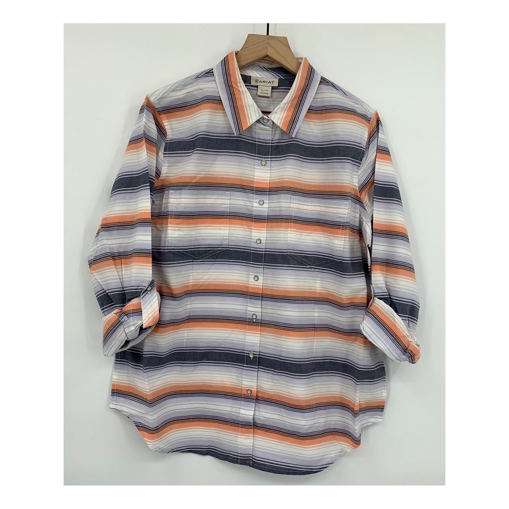 Ariat Shirt Womens XL Orange Purple Striped Long Sleeve Button Western NEW